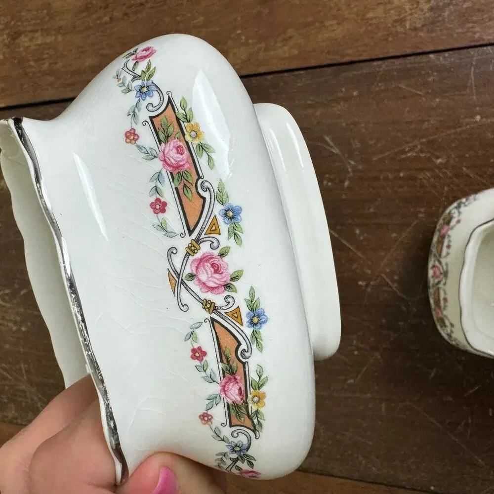 1930s WS George LIDO White Creamer &‎ Sugar Bowl Pink Roses Silver Platinum Trim